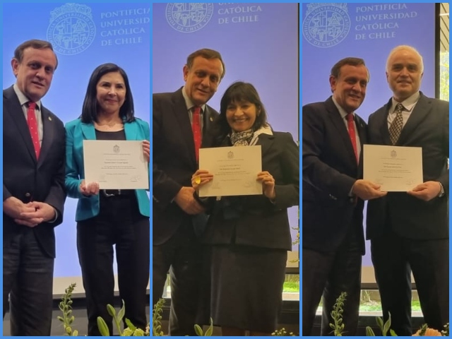 foto rector Ignacio Sánchez junto a funcionarios reconocidos por sus años de servicio en el Día del Personal UC. Alejandra Acevedo, Ana Aravena y Luis Inostroza