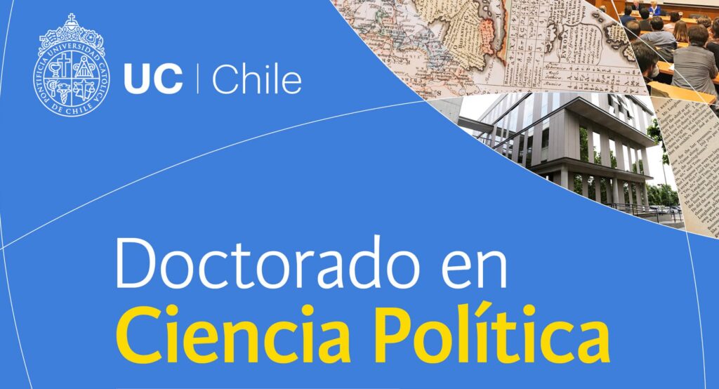 afiche doctorado en ciencia política. Fondo azul y logo de la universidad