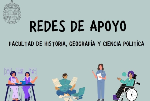 Afiche de redes de apoyo de la Facultad. Aparecen ilustraciones de estudiantes en diversas situaciones